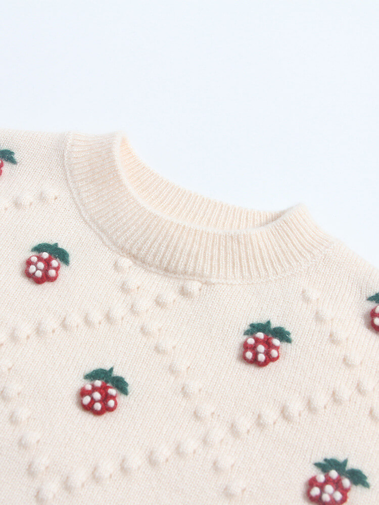 Soft Cream Strawberry Embroidery Cashmere Sweater for Girls